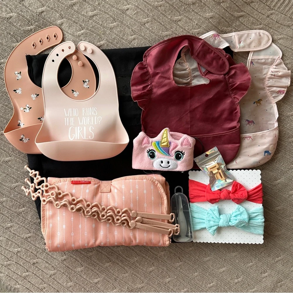 EUC 16pc Baby Girl Bib/Hair/Changing Pad Travel Bundle, Tiny Twinkle